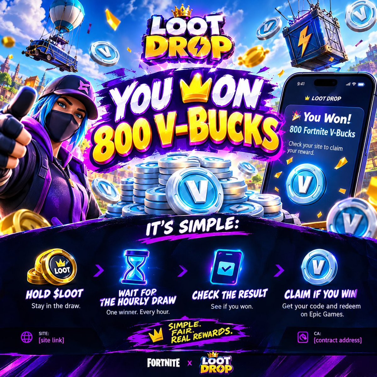 FortniteLootSol's tweet photo. Imagine checking your phone and seeing:
🎉 YOU WON 800 V-BUCKS 🎉
That’s the whole idea behind $FORTNITE
Hold → wait for the hourly draw → check the result → claim if you win.
Simple.
🎰 One winner. Every hour. #Fortniteㅤㅤ https://t.co/xiwtyYLWCc