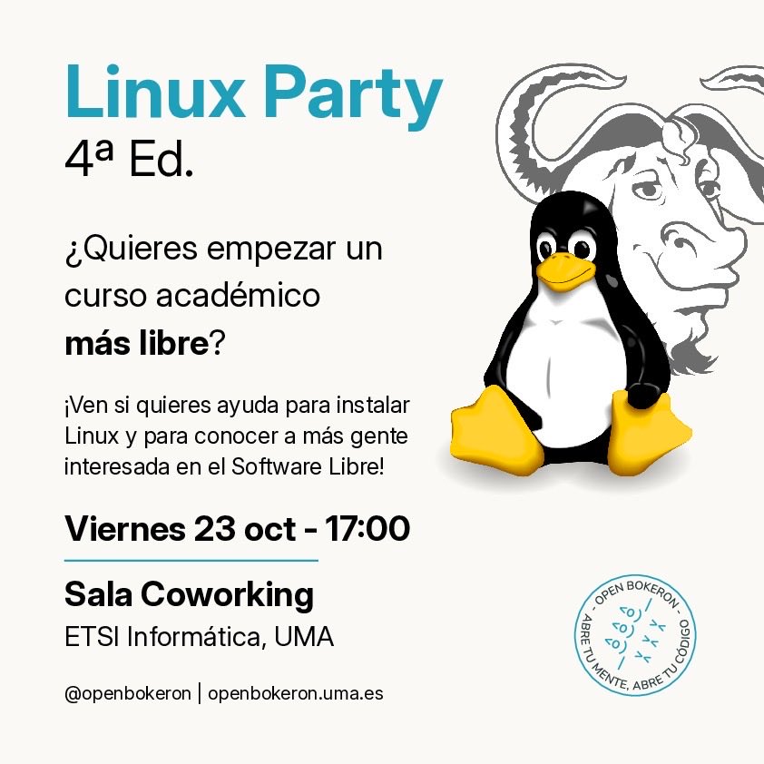 InformaticaUMA's tweet photo. 🐧 ¡Vuelve la Linux Party de OpenBokeron a la @InformaticaUMA 🎉
¿Quieres aprender a usar GNU/Linux, instalarlo en tu portátil o conectar con la comunidad de #SoftwareLibre? 🚀
🗓️ Viernes 23 de octubre
⏰ 17:00 h
📍 Aula 4.1.1 (Sala Coworking)
➕ Info: https://t.co/9f05BL6NwN https://t.co/fyiHEf5L4W