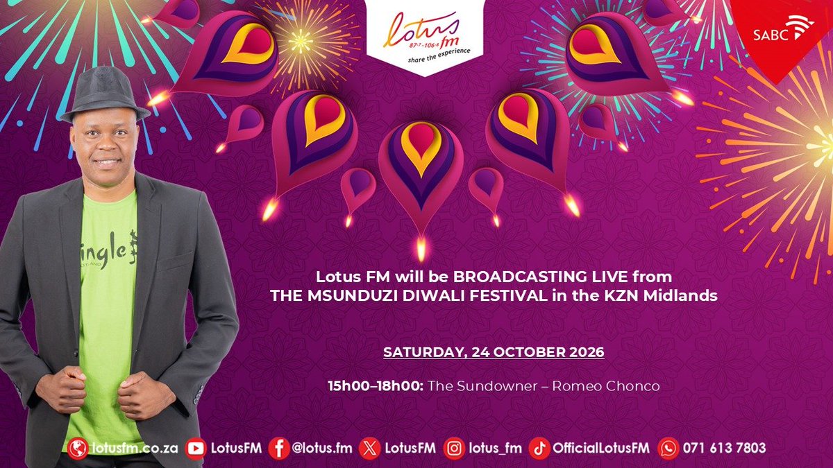 Lotusfm's tweet photo. β¨πͺ THE SUNDOWNER GOES LIVE! πͺβ¨
Lotus FMβs The Sundowner will be broadcasting LIVE from the Msunduzi Diwali Festival Midlands at the Goldenhorse with Romeo Chonco! πΆπ
Join us for an afternoon filled with music, culture, and Diwali vibes! πͺβ¨
#LotusFM #TheSundowner https://t.co/98FAbKpQW3