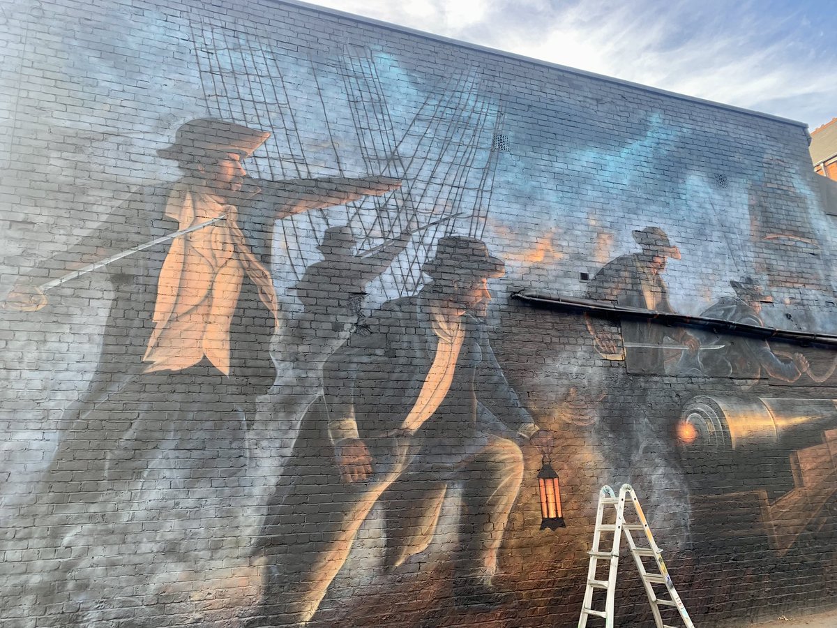 davidpendleton0's tweet photo. The Battle of Flamborough Head in a Bridlington car park! 
Fabulous mural being developed to commemorate the unlikely appearance of the American War of Independence on the Yorkshire coast in 1779. https://t.co/t4IMp9eyt2
