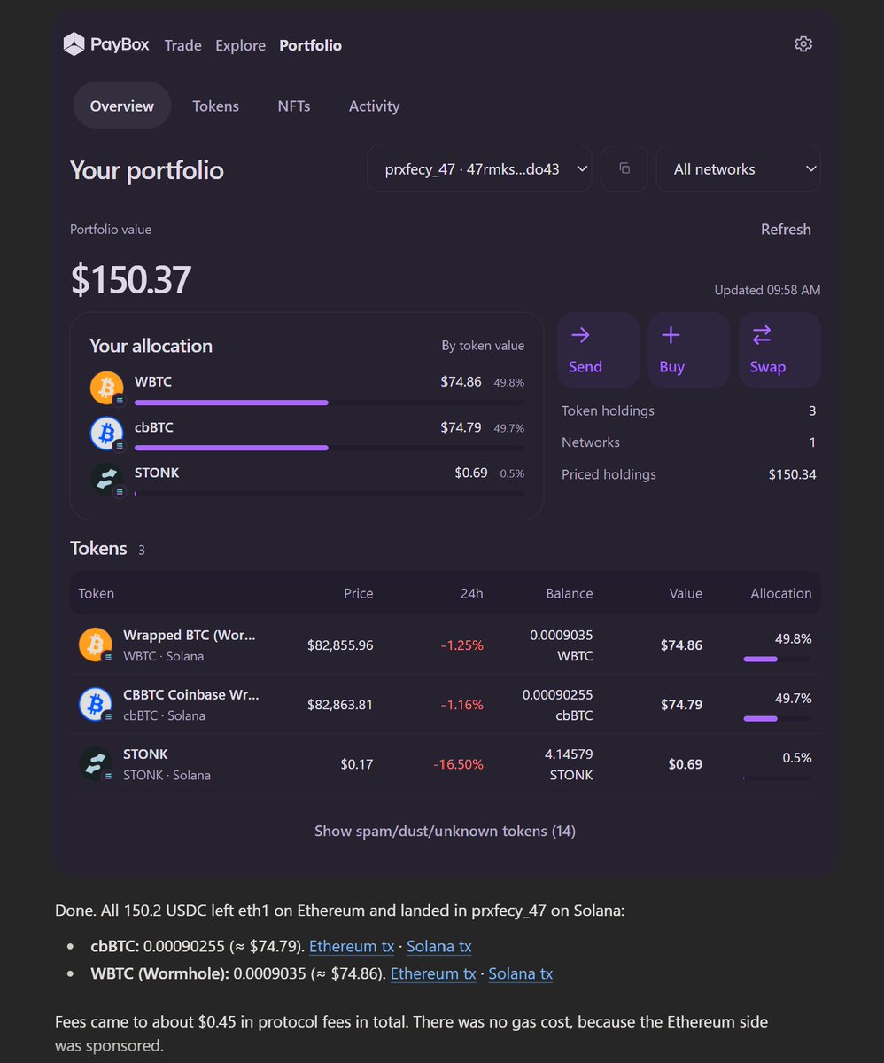 prxfecy0x's tweet photo. PayBox really became my crypto command center

swapped some USDC from my eth mainnet wallet into CBBTC and WBTC (50/50) in one of my solana wallets

and to my surprise the gas was sponsored on eth mainnet, I'm not sure why, but most likely by PayBox

if you still not using it, you're definitely missing out