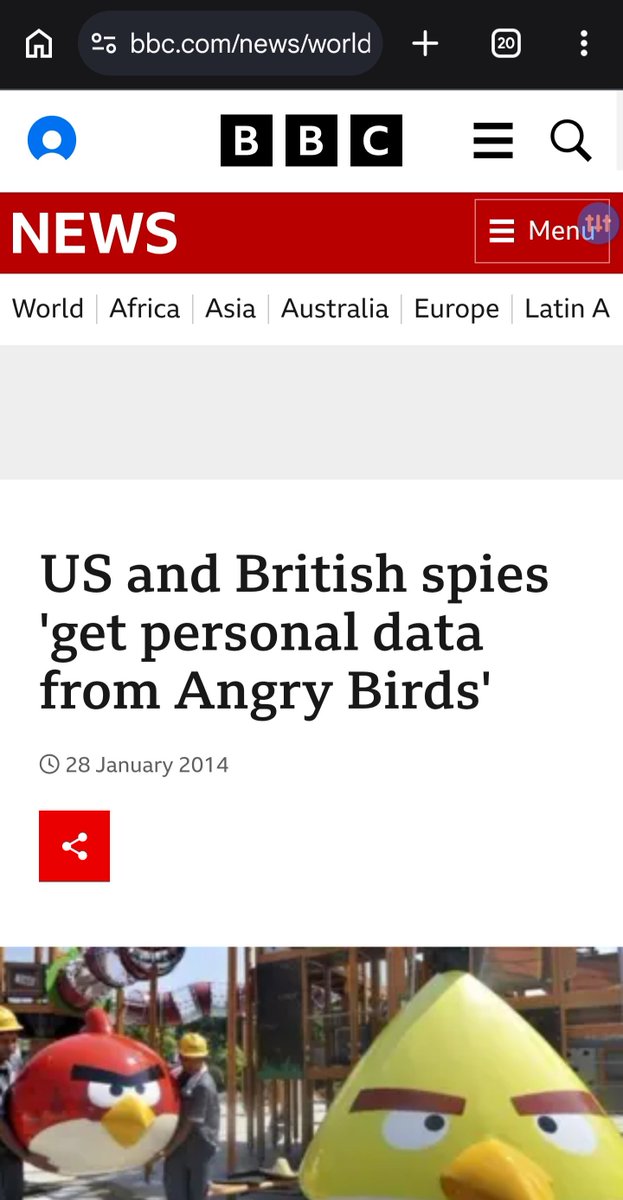 R_eq_uin's tweet photo. In January 2014, some of the files released by famous whistleblower Edward Snowden explained how the United States and British intelligence apparatuses were using the extremely popular mobile game Angry Birds to steal personal data.

These data includes age, name, gender, marital status, ethnicity and your pinpoint geolocation. 

Asin, they could locate you down to your self con in Yaba.

This data was so good that one NSA agent called it a "golden nugget"

The US and UK had been perfecting these methods since 2007... Wayy before mobile games became mainstream.

Just to show you their level of dedication. 

This is not some esoteric knowledge hidden in some mountain cave library in Ethiopia.

This is something you can Google yourself. 

It infuriates me to my bone marrow when everyone else knows how this world works, and the obscene, almost cartoonish lengths governments will go to further their interests by 0.0001%.

Everyone understands how ruthless foreign states are, and how they will cheat, manipulate, destroy and subvert any and all aspects of society to gain even the suggestion of an advantage.

Everyone knows that nothing is off limits, especially for the Epstein regime of the United States and it's European sidekicks.

They will manipulate your music, your food, your social discourse, your currency and your God.

Everyone knows except apparently Nigerians, my people, who have all the geopolitical literacy of a chihuahua.

No one is asking you to be a hater. But you MUST question anything and everything.

Because anything and everything can and will be used as a weapon against a country with 250M people, and whose youth, if they woke up, WILL directly alter course of Africa over the next 50 years.

Whenever you wake up is your morning.