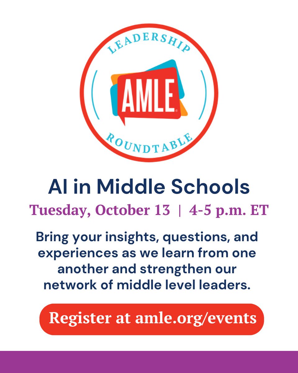 AMLE's tweet photo. Tues, October 13 at 4 p.m. ET: Join middle level leaders from across the country for AMLE's next Leadership Roundtable focused on the opportunities, challenges, and evolving role of artificial intelligence (AI) in schools. 

Register ahead: https://t.co/7mq8EJTYQg

#NationalPrincipalsMonth #AIineducation