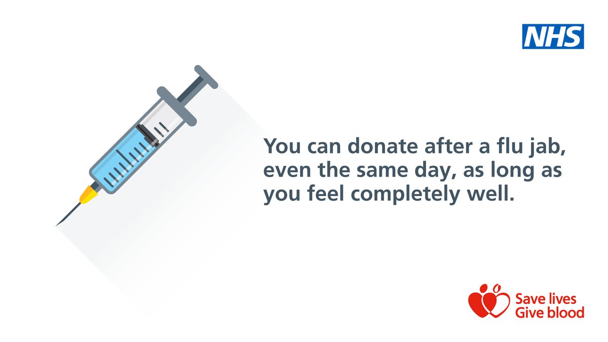 GiveBloodNHS's tweet photo. It’s that time of year again! 🍂💉

Did you know you can donate blood after your routine seasonal flu jab, even on the same day, as long as you’re feeling well?

Thank you for saving lives. ❤️

#GiveBlood https://t.co/weVYFr4RUe