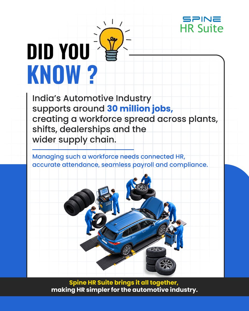 spinetechit's tweet photo. India’s automotive industry runs on people, plants, and precision.

Spine HR Suite brings HR, attendance, payroll, and compliance together to help automotive businesses manage their workforce efficiently.

#AutomotiveHR #HRMS #SpineHRSuite #HRTech https://t.co/w4HYSVxgEb