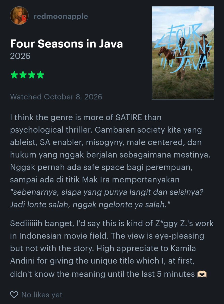 Actreides's tweet photo. Menonton film kemarahan perempuan oleh director perempuan! Very well-described.

🎞️: Empat Musim Pertiwi (2026) dir. Kamila Andini

CW // HEAVY SPOILER https://t.co/BDQt3kz9hA