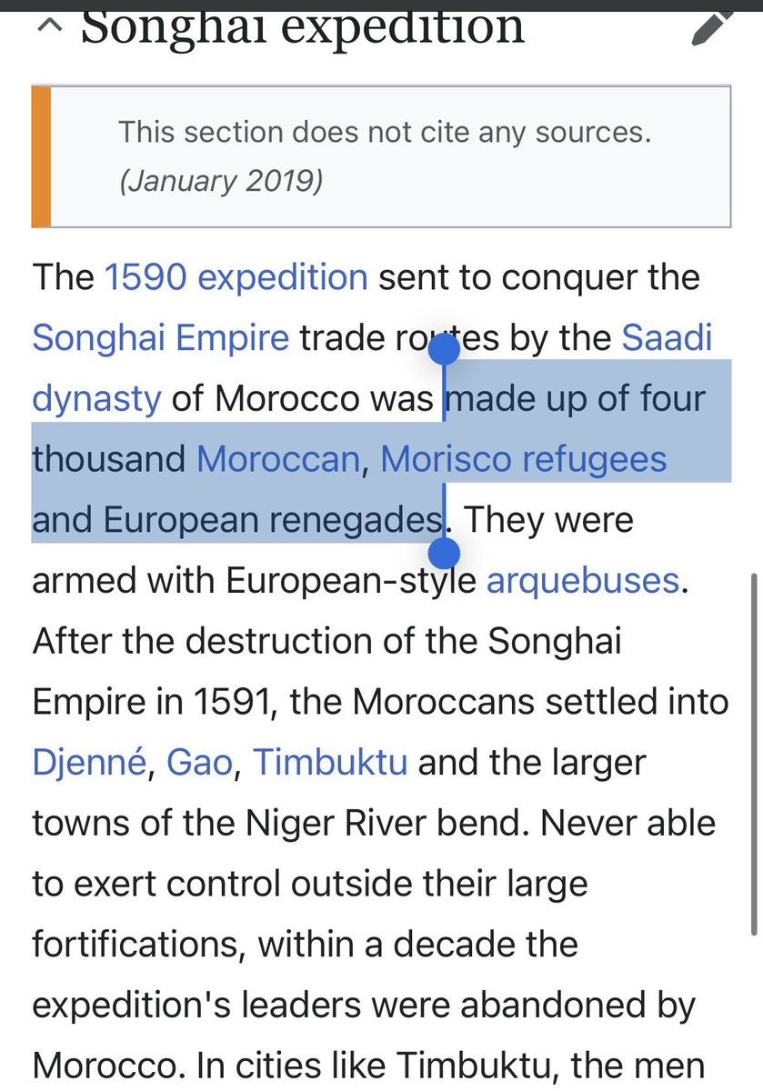 Sahelian221's tweet photo. Not only are Armas actually (more) spanish instead of Moroccan (the name suggests it), but got completely assimilated to the Songhai and Bambara ethnic groups. Today they’re a lineage people (sometimes loosely) claim while having sahelian patronyms, product of male conquest. https://t.co/7S5Lxwmtkc