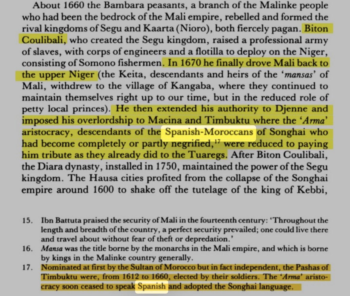 Sahelian221's tweet photo. Not only are Armas actually (more) spanish instead of Moroccan (the name suggests it), but got completely assimilated to the Songhai and Bambara ethnic groups. Today they’re a lineage people (sometimes loosely) claim while having sahelian patronyms, product of male conquest. https://t.co/7S5Lxwmtkc