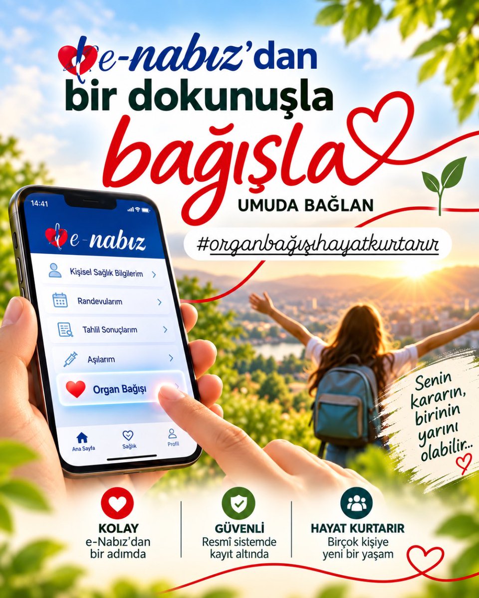 giresunism's tweet photo. ❤️ Bir dokunuş, bir umut, bir hayat…

Organ bağışı, bir insanın hayatını kaybettiği anda başka bir insana yeniden yaşam umudu verebilir.

e-Nabız üzerinden organ bağışı kararınızı kolayca ve güvenli bir şekilde kayıt altına alabilirsiniz.
Unutmayalım; organ bağışı hayat kurtarır, umut olur. 🌱

🫶 Sizin kararınız, bir başkasının yarını olabilir.

 #UmudaBağlan #eNabız #OrganBağışıHayatKurtarır 

@saglikbakanligi 
@halksagligigm 
@sbsggm