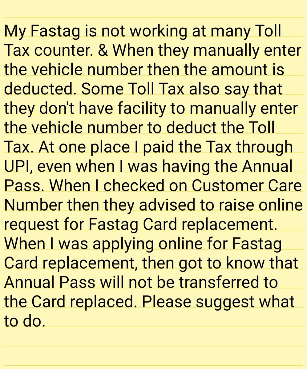 SaveGomata's tweet photo. @fastagofficial @NHAI_Official 
My Fastag is not working at many Toll Tax. &amp; When applying online for Fastag Card replacement then it says Annual Pass will not me transferred to new card. It also charge 100 Rs for Fastag replacement. Please suggest @SahilGoyalAdv @mkhatana5200 https://t.co/GlOEatVEi6