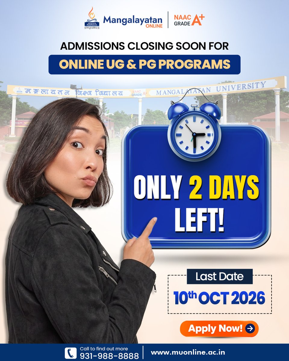 mu_online_'s tweet photo. Build your career with flexible and affordable online learning at Mangalayatan University Online. 🎓

Earn your degree, develop industry-relevant skills, and get expert guidance for a seamless admission process.

Admissions Closing Soon. Apply Now!

#MUOnline #OnlineEducation https://t.co/mQQmqHVq1F