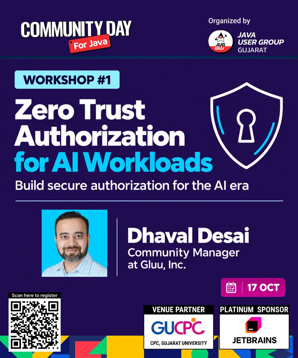 cd4java's tweet photo. 🔐 Workshop Session 01

Zero Trust Authorization for AI Workloads

🎙️ Speaker: Dhaval Desai
💼 Community Manager at https://t.co/3jceUlYfdB

📅 17 October 2026
⏰ 10:00 AM On Wards
📍 SmartSense Solutions, Gift City - Gandhinagar

Book your ticket now 
#java #cd4j2026 https://t.co/WeGjyBChD9