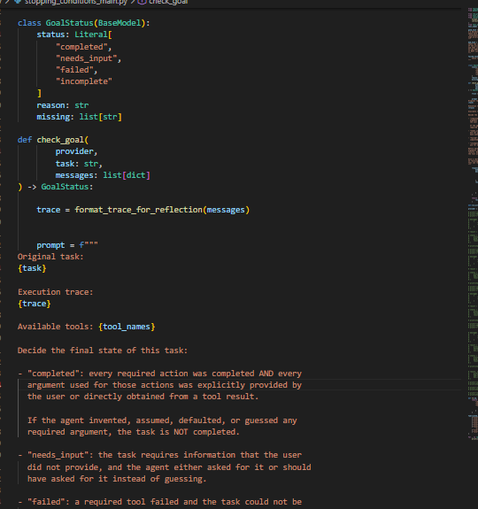 Alvin_Abiero's tweet photo. Day 22
Today I did some research on stopping conditions and goal verification for AI agents and implemented them.
✅Added explicit goal states: completed, needs_input, failed, and incomplete
✅Created a verifier to check the execution trace
#AIEngineering #LLM #Python https://t.co/NL7qQ7lM37