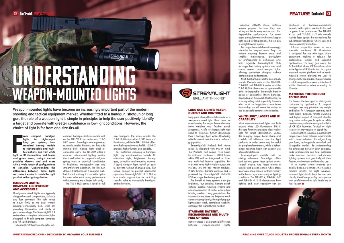 StreamlightUK's tweet photo. 🔦💡 Featured Friday!

Choosing the right weapon-mounted light isn’t one-size-fits-all.

Our recent Gun Trade World feature breaks down the key differences between handgun and long-gun lighting, battery options, white light, laser and IR capability, and the factors that help match the right product to the right application.

#FeaturedFriday #StreamlightTrusted
