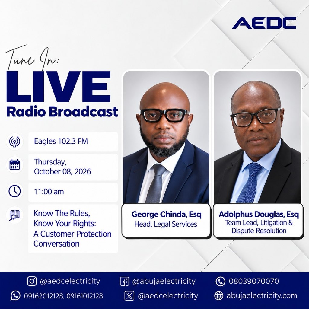 aedcelectricity's tweet photo. Customers also have a right to protect themselves.
Join Bar. John Chinda and Bar. Douglas Adolphus, Legal Services as they share illuminating insights on this on Eagles FM, 102.3 FM by 11:00AM. 
Tune in. Get informed. Stay Safe.
#AEDCOnAir
#PowerTalks
#PowerofCommitment https://t.co/fPLPy9sZqO