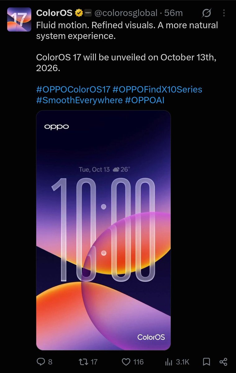 Ashishts07's tweet photo. The wait is almost over. π
ColorOS 17 is ready to launch globally.
October 13 β’ 11:00 CEST
Donβt miss the next level of smooth. π₯
Tune in and experience it live!
#OPPOColorOS17 #OPPOFindX10Series #SmoothEverywhere #OPPOAI https://t.co/t3tVTH81a6