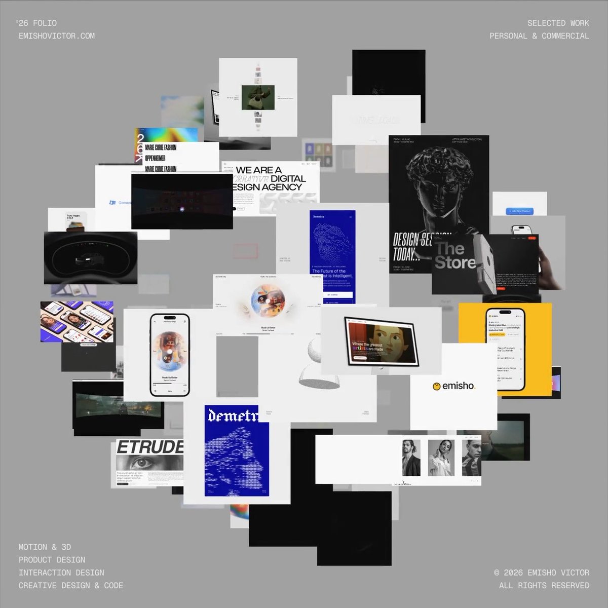 The image showcases a "26 FOLIO" for emishovictor.com, featuring a spatial gallery layout with scattered design work previews—including "WE ARE A DIGITAL DESIGN AGENCY," "DESIGN SEES TODAY," "ETRUDE," and various mobile and web interface designs—categorized under "SELECTED WORK PERSONAL & COMMERCIAL." This directly visualizes the portfolio's signature spatial gallery described in the caption, where projects are arranged in an immersive, non-linear layout designed to invite exploration on desktop.