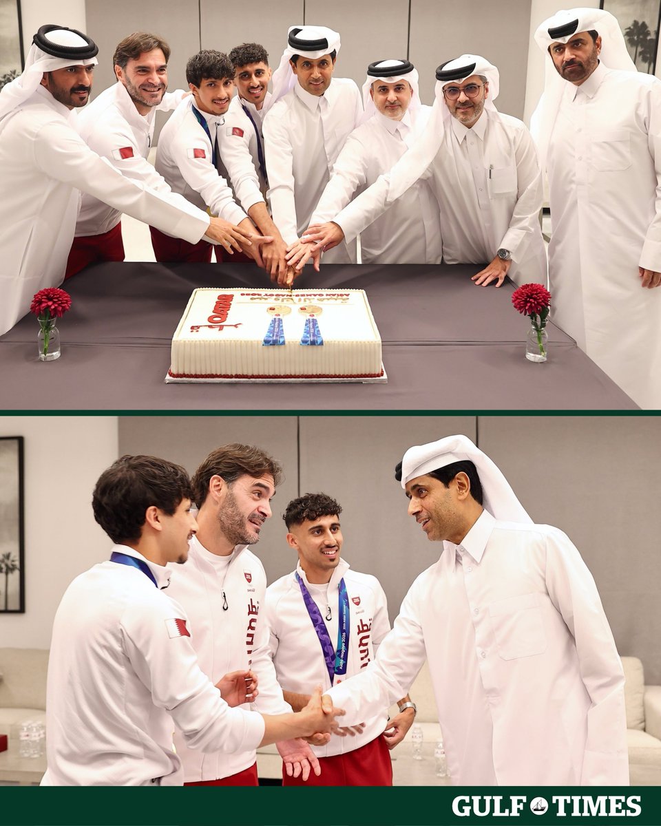 GulfTimes_QATAR's tweet photo. A special reception was held yesterday for #Qatar_padel_champions Rashed and Mashari following their historic gold medal victory at the 2026 #Asian_Games. 🥇🇶🇦
HE Nasser bin Ghanim Al Khelaifi, President of the Qatar Padel Federation, HE Abdulla Al Subaie, alongside Tariq Zainal, Khalid Al Khelaifi and the Federation team, welcomed the champions at the Federation headquarters.
The gathering was an opportunity to congratulate them on their historic achievement, hear from the champions and encourage them to keep pushing for even greater success.