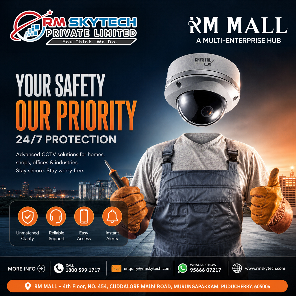 rm_repair_serv's tweet photo. 🛡️YOUR SAFETY. OUR PRIORITY.
Protect what matters with RM Skytech’s advanced CCTV solutions. 📹
🏠Homes | 🏪Shops | 🏢Offices | 🏭Industries
📞 1800 599 1717
📲 95666 07217
#RMSkytech #CCTV #SecuritySolutions #CCTVService #HomeSecurity #BusinessSecurity #Puducherry #StaySecure https://t.co/IeqUJYDzcc