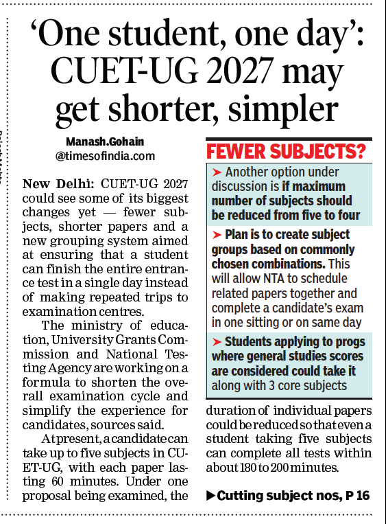 manashTOI's tweet photo. #NTA #CUETug #2027admissions #HigherEducation
CUET-UG 2027 could see some of its biggest changes yet — fewer subjects, shorter papers and a new grouping system aimed at ensuring that a student can finish the entire entrance test in a single day instead of making repeated trips to examination centres.
The ministry of education, University Grants Commission and National Testing Agency are working on a formula to shorten the overall examination cycle and simplify the experience for candidates, sources said.
At present, a candidate can take up to five subjects in CUET-UG, with each paper lasting 60 minutes. Under one proposal being examined, the duration of individual papers could be reduced so that even a student taking five subjects can complete all tests within about 180 to 200 minutes.
Another option under discussion is whether the maximum number of subjects should be reduced from five to four.
A @timesofindia report 👇
https://t.co/QVm2BkERrx