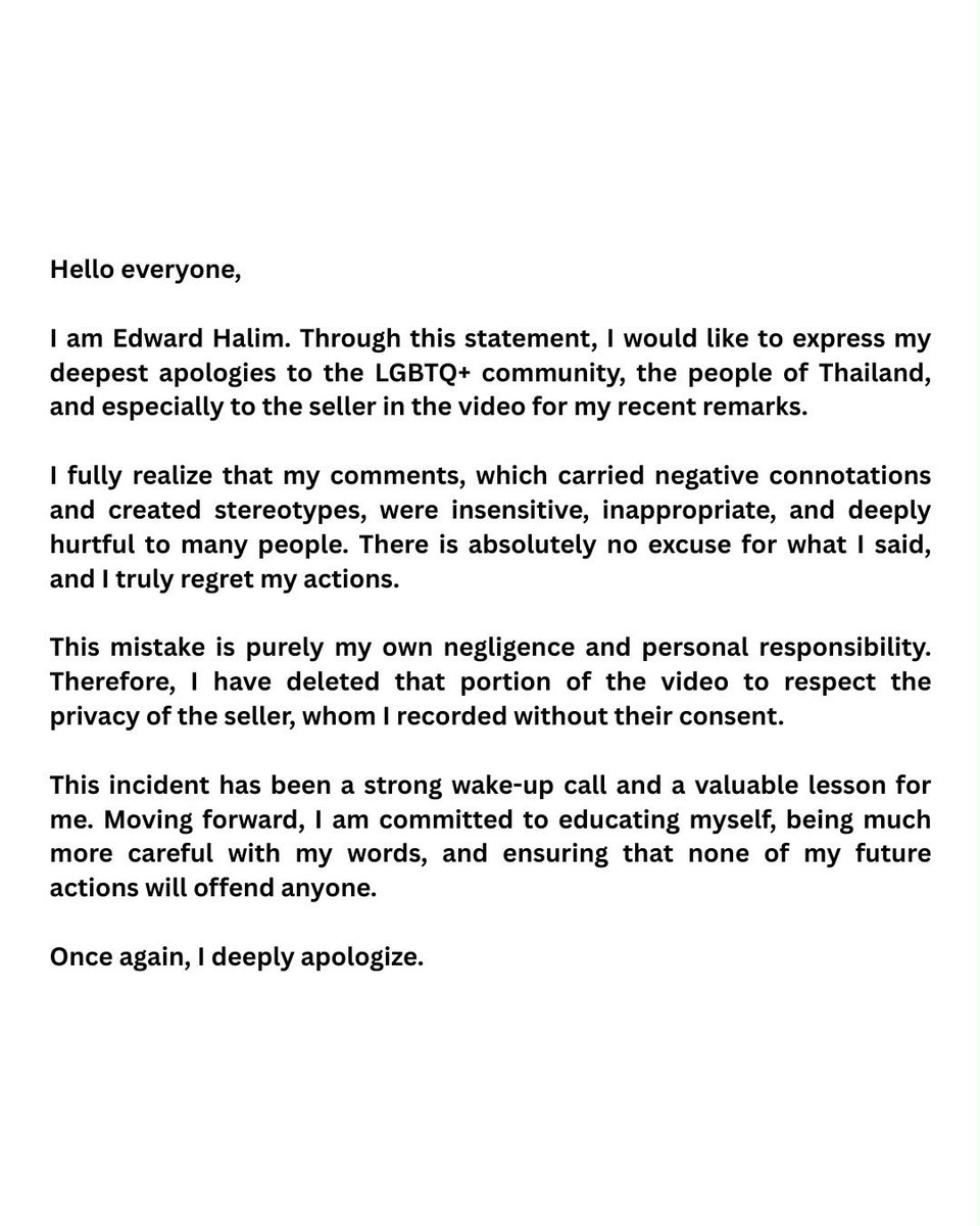 edwardhalimm's tweet photo. Hello everyone. With this post, I want to apologize to the LGBTQ+ community and the people of Thailand regarding my remarks in my previous content

I acknowledge that this is entirely my fault and I am using this as a valuable learning to re-evaluate my actions. https://t.co/UKYD1EYhkG