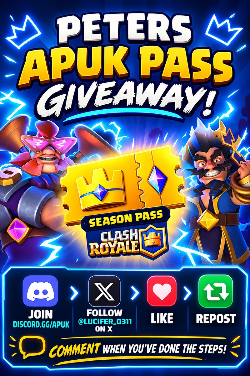 APUKCR's tweet photo. 🎉 APUK Pass Giveaway! 🎉

🏆 1 Clash Royale Season Pass up for grabs!

To enter:
✅ Join https://t.co/bFxgSnwKMj
✅ Follow @lucifer_0311 on X
✅ Like &amp; Repost this post
✅ Comment "Done" when you've completed all steps

⏰ Giveaway ends in 48 hours!

Good luck! 🍀👑 https://t.co/dNmUvVEe3y