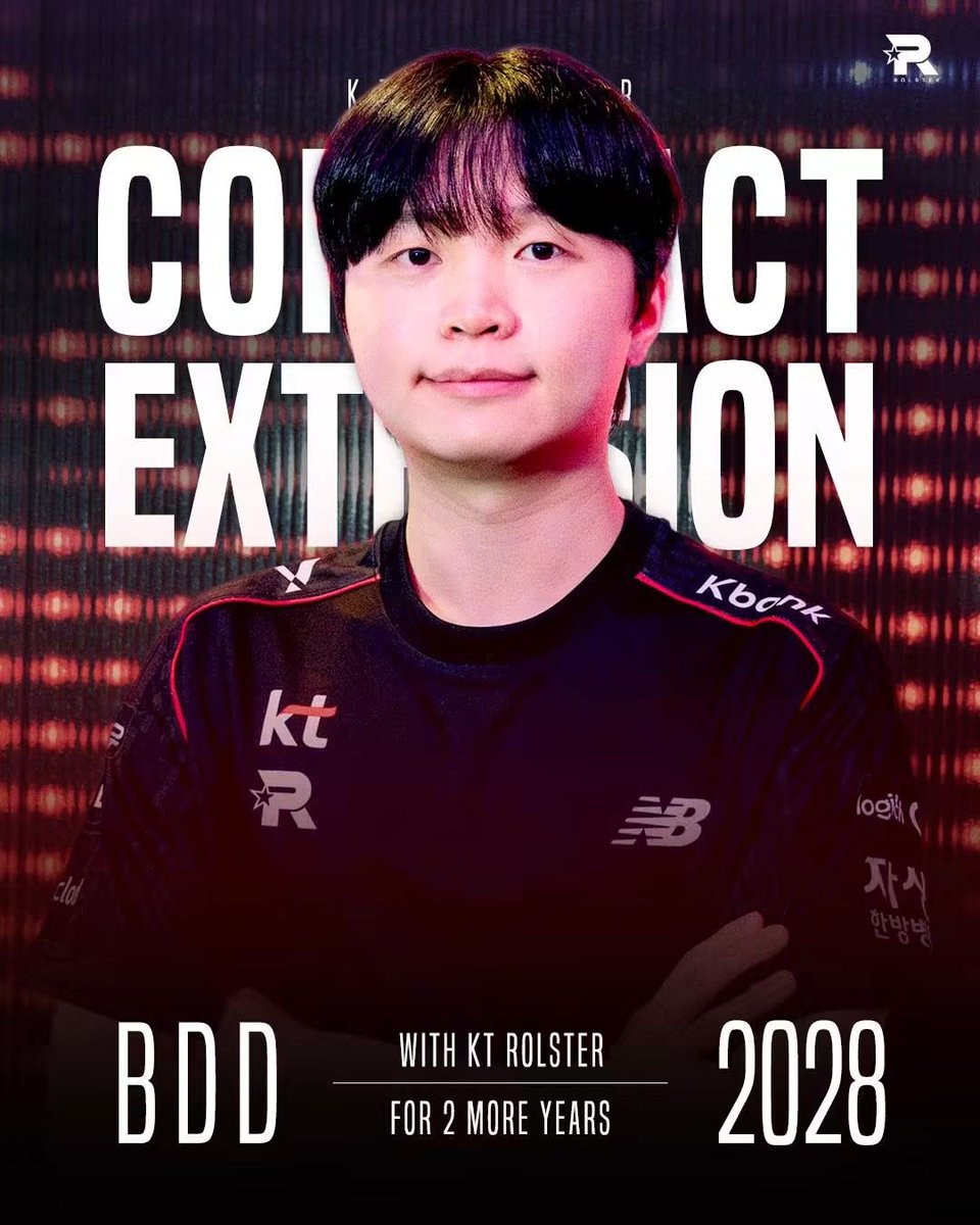 KTRolsterLoL's tweet photo. [Official] Contract Extension with Bdd, PerfecT

Bdd 곽보성 선수, PerfecT 이승민 선수와 2028년까지 함께합니다.
두 선수에게 많은 관심과 사랑 부탁 드리며 다가올 데마시아컵 녹아웃 스테이지 및 27시즌에도 뜨거운 응원 부탁 드립니다. https://t.co/NoMYBRCfyz