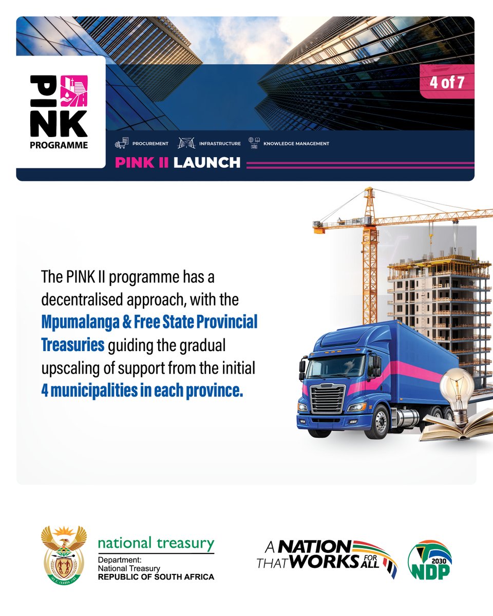 Treasury_RSA's tweet photo. ➡️ Building on the progress of PINK I, National Treasury and @SECO_CH are launching PINK II.
The five-year programme will strengthen supply chain and infrastructure management at local government level, supporting cost-effective and sustainable service delivery. #PINKII https://t.co/VYmVJRiaEF