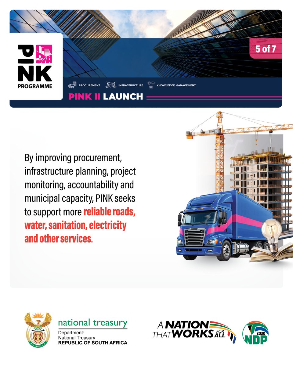 Treasury_RSA's tweet photo. ➡️ Building on the progress of PINK I, National Treasury and @SECO_CH are launching PINK II.
The five-year programme will strengthen supply chain and infrastructure management at local government level, supporting cost-effective and sustainable service delivery. #PINKII https://t.co/VYmVJRiaEF