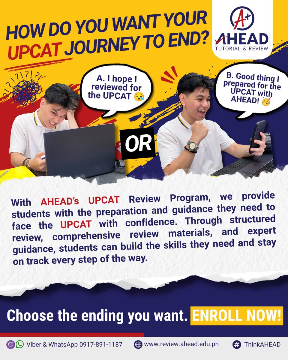 ahead_review's tweet photo. UPCAT day will come sooner than you think! 👀❤️🌻
Get AHEAD of your UPCAT preparation and get the guidance you need to take on the exam with confidence. 🎯
Choose to be ready. Enroll today!
Visit us at https://t.co/0O9LTH19NS
#AHEAD #AHEADTutorialandReview #ThinkAHEAD https://t.co/WIpONpRcnp