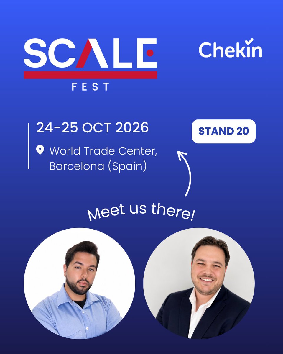CheKinapp's tweet photo. See you at SCALE Fest Barcelona 👋

Pablo &amp; Manuel will be at stand 20 · 24–25 Oct · World Trade Center
Get 25% off your ticket 👇

https://t.co/jbnjxNr2nC https://t.co/8upYuP7Eus