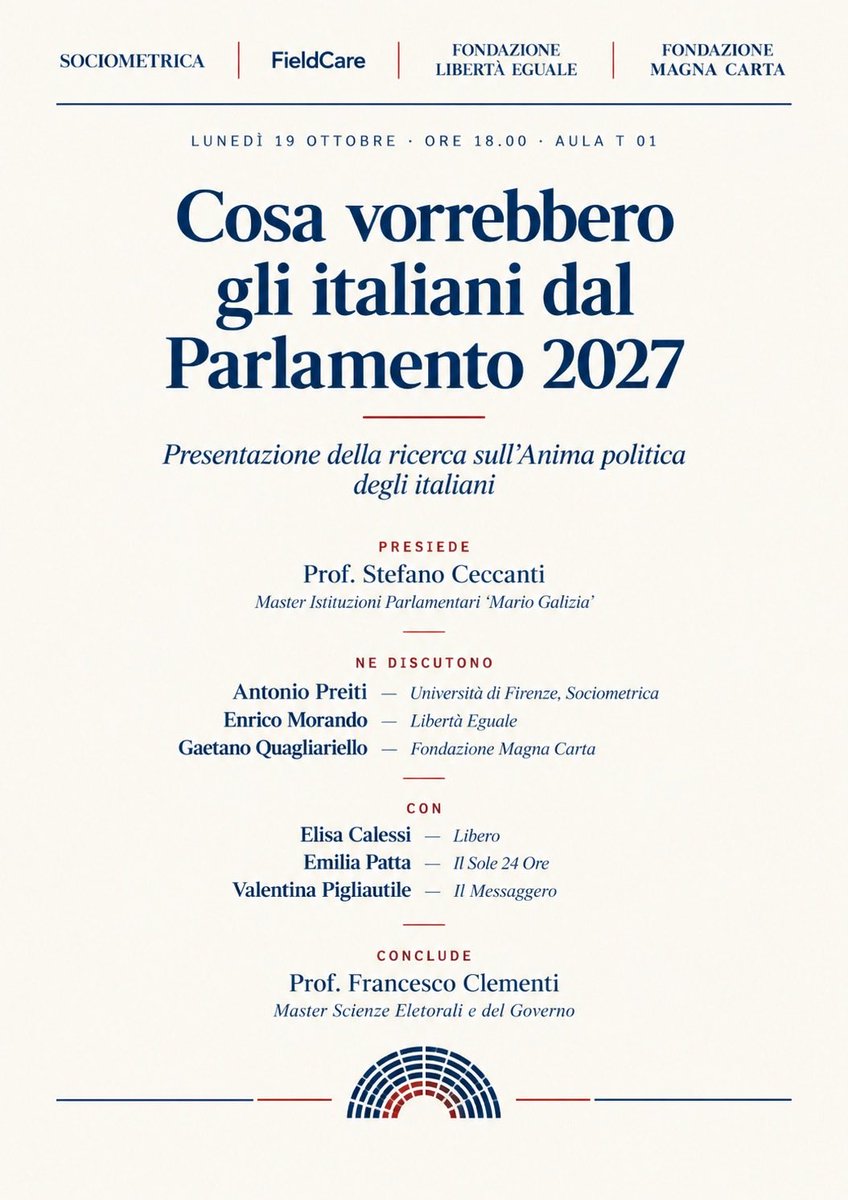 apreiti's tweet photo. L’associazione @libertaegualeIT e @MagnaCarta_Fond, nell’ambito dei master della Sapienza in Istituzioni Parlamentari e in Scienze elettorali presentano il 19 ottobre una ricerca inedita sull’Anima Politica degli Italiani, seconda edizione, realizzata da #sociometrica e #FieldCare. Topics: attese per il parlamento 2027; informazione politica e intelligenza artificiale; Ucraina e Medio Oriente; Europa e difesa comune; immigrazione e legge elettorale. @StefanoCeccanti @ClementiF @QuagliarielloG @emiliapatta @_ValPigliautile #elisacalessi