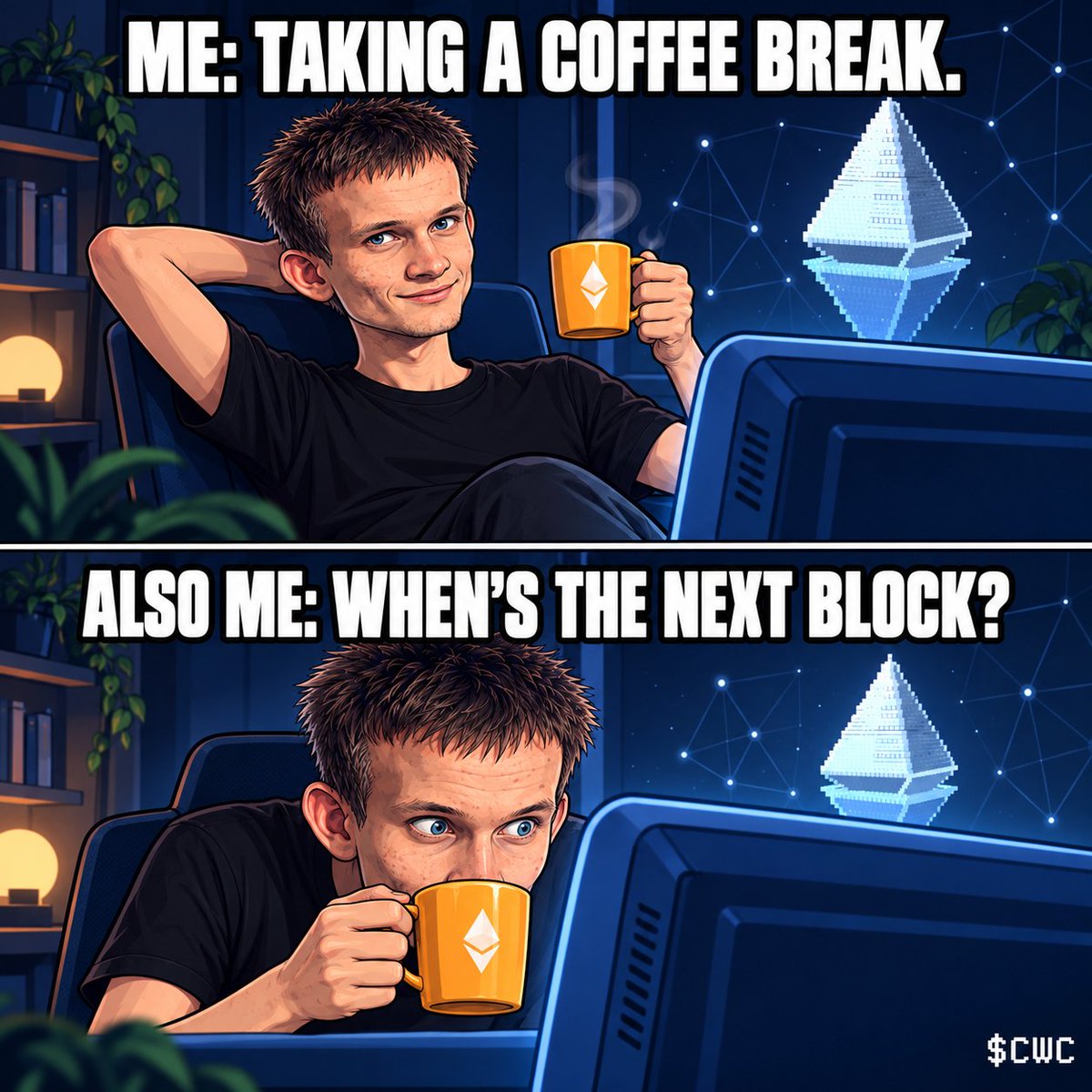 CryptoWC's tweet photo. 30-minute blocks. Zero chill.
Even the coffee break has a countdown. ☕⏳
GM, world computer.
$CWC #Ethereum https://t.co/PPLJhmLGd0