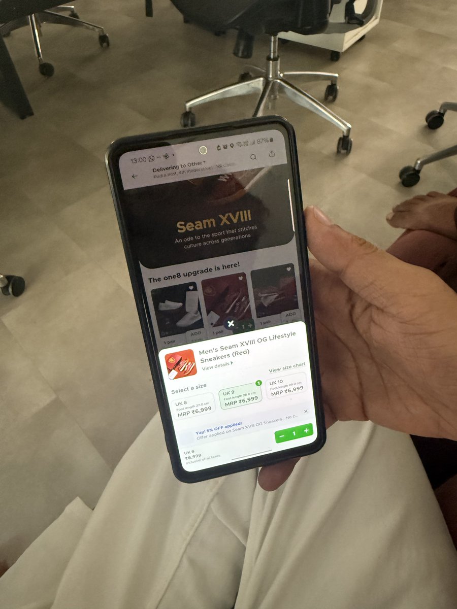 noreendhow's tweet photo. normal Thursday took an unexpected turn
One Blinkit scroll later, I was looking at sneakers
The Seam XVIII got my attention #One8onBlinkit https://t.co/ycE8xxccDM