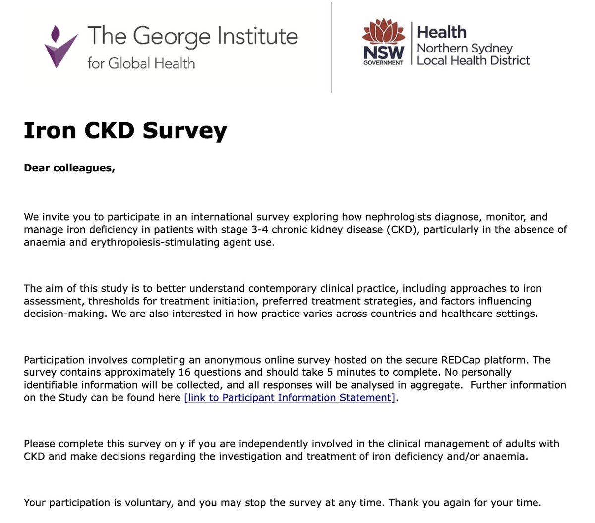 brendonneuen's tweet photo. Colleagues, we need your help -

We're seeking nephrologists' perspectives on management of iron deficiency in CKD. The survey takes <5 minutes &amp; will help shape the design of a new international randomised trial

https://t.co/T9G4ILLL70

Thanks for sharing with your networks https://t.co/r6Utsdl2h0
