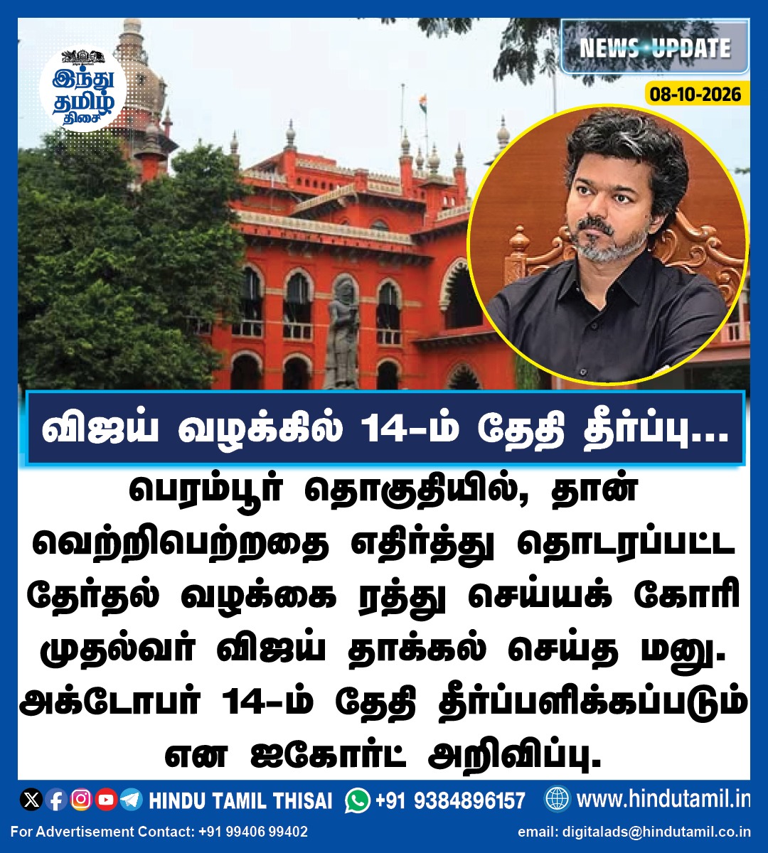TamilTheHindu's tweet photo. பெரம்பூர் தொகுதியில், தான் வெற்றிபெற்றதை எதிர்த்து தொடரப்பட்ட தேர்தல் வழக்கை ரத்து செய்யக் கோரி முதல்வர் விஜய் தாக்கல் செய்த மனு. அக்டோபர் 14-ம் தேதி தீர்ப்பளிக்கப்படும் என ஐகோர்ட் அறிவிப்பு.
#Perambur | #ElectionCase | #CMVijay | #MadrasHC https://t.co/IL4Yb43iKM