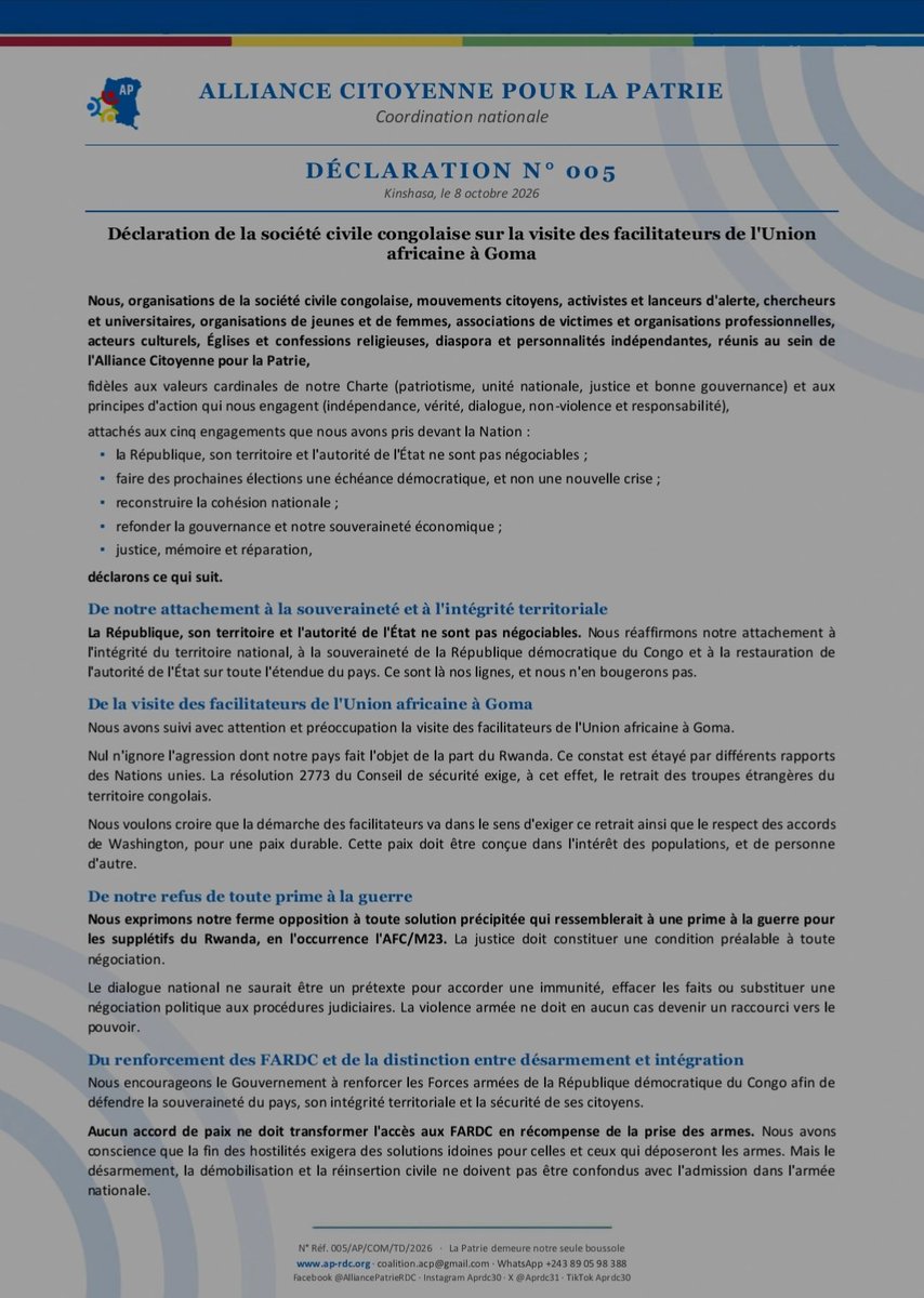 Aprdc31's tweet photo. Déclaration de la plateforme de la société civile Congolaise, Alliance citoyenne pour la patrie sur la visite des facilitateurs de l'Union africaine à Goma 

L'intégralité dans ce communiqué ⤵️ https://t.co/Aqu7PY2fDR