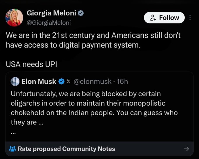 NeenaRai's tweet photo. After Indians, Elon Musk is being trolled by Giorgio Meloni. 😂😂 https://t.co/JIhhPMENW8