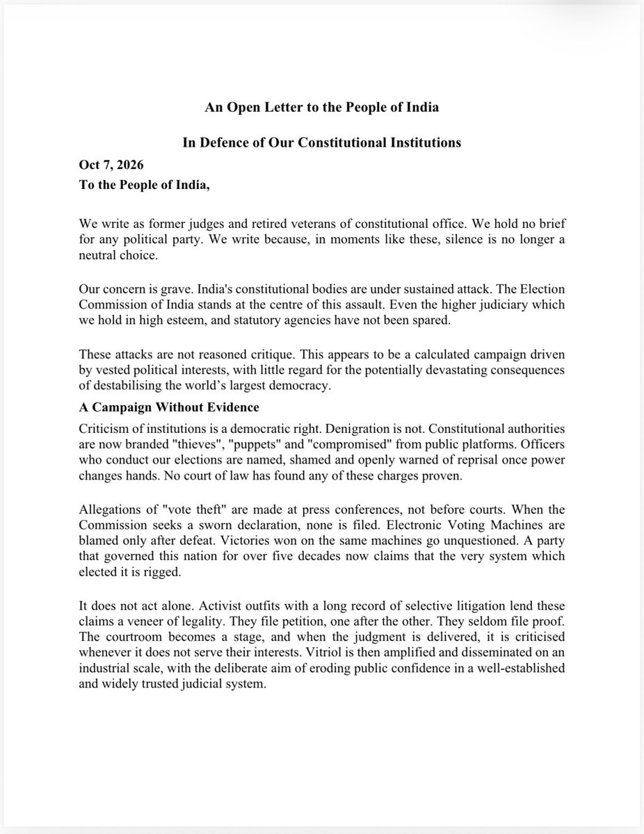 KanchanGupta's tweet photo. 42 Former Judges Write an Open Letter and Warn Against Attempts to Undermine Election Commission of India

In a strongly worded open letter, former judges have expressed grave concern over a sustained campaign to undermine the Election Commission, judiciary and other constitutional institutions.

The signatories have questioned allegations of “vote theft” without supporting evidence, warning that repeatedly branding constitutional authorities as “thieves” and “compromised” risks eroding public trust in democracy.

“Criticism of institutions is a democratic right. Denigration is not,” the letter states.

Defending the Special Intensive Revision (SIR) of electoral rolls, the signatories emphasised that it is a legally established exercise aimed at ensuring clean and accurate voter lists.

“Trust is the currency of democracy,” the letter warns, cautioning that attempts to delegitimise elections could fuel unrest and embolden anarchic elements.