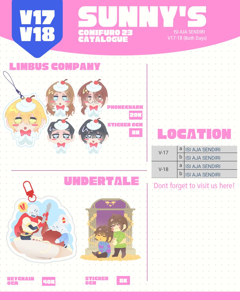 08261sunnyd's tweet photo. ( 🔁 + ❤️  are appreciated! )

SUNNY'S #CF23 PRE-ORDER: OPEN ★

— 8-24 October 2026
— OTS &amp; Mail order ONLY!
— circle: ISI AJA SENDIRI

🎁 Limbus Company, Ranfren/Lucid, Hotline Miami, DoL, Undertale
🔗 link form below

#comifuro23 #comifuro23catalog https://t.co/djARG1qCMG