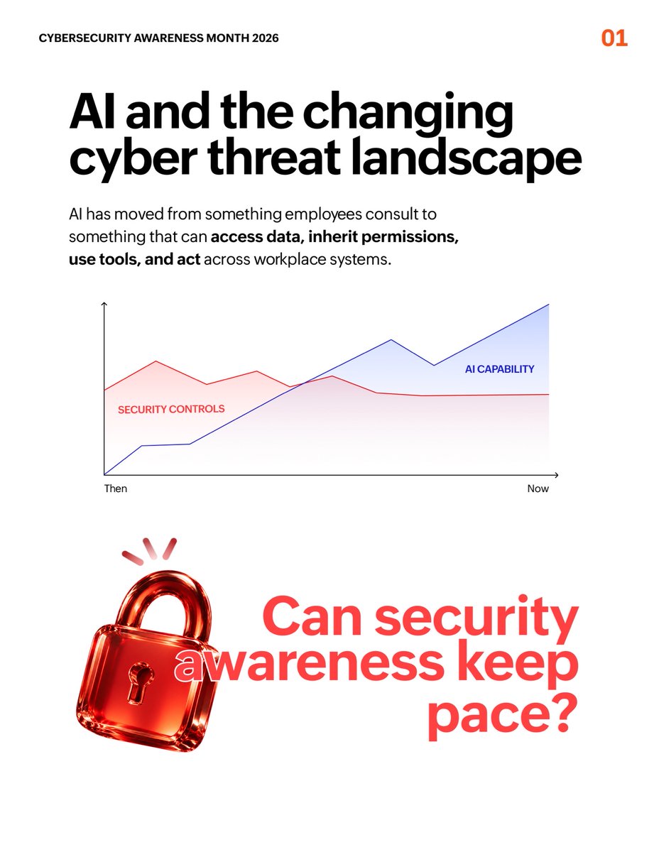 ZohoWorkplace's tweet photo. 📢 𝗙𝗥𝗘𝗘 𝗘𝗕𝗢𝗢𝗞 𝗔𝗟𝗘𝗥𝗧 

AI is moving from something employees consult to something that can access information, inherit permissions, and take actions across workplace systems. It's also making cyber threats faster and more sophisticated. ⚠️ 
 
Can security awareness keep pace? 🔒 
 
Our free 𝐂𝐲𝐛𝐞𝐫𝐬𝐞𝐜𝐮𝐫𝐢𝐭𝐲 𝐀𝐰𝐚𝐫𝐞𝐧𝐞𝐬𝐬 𝐌𝐨𝐧𝐭𝐡 𝐞𝐛𝐨𝐨𝐤 covers what's changing and the habits that help.  🤖 

Read here 👉  https://t.co/sXAIx6WzME  

#CybersecurityAwarenessMonth #AISecurity  #ZohoWorkplace