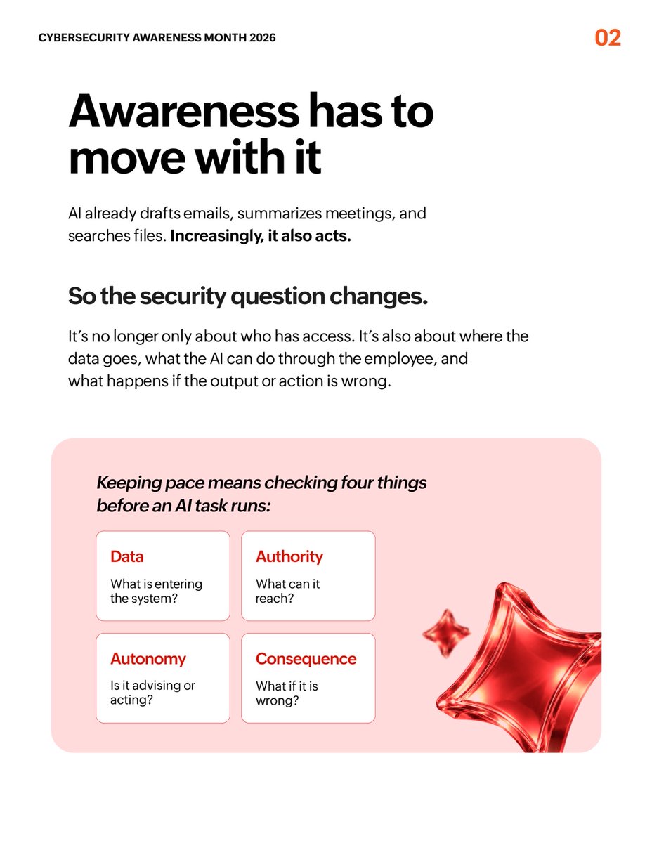 ZohoWorkplace's tweet photo. 📢 𝗙𝗥𝗘𝗘 𝗘𝗕𝗢𝗢𝗞 𝗔𝗟𝗘𝗥𝗧 

AI is moving from something employees consult to something that can access information, inherit permissions, and take actions across workplace systems. It's also making cyber threats faster and more sophisticated. ⚠️ 
 
Can security awareness keep pace? 🔒 
 
Our free 𝐂𝐲𝐛𝐞𝐫𝐬𝐞𝐜𝐮𝐫𝐢𝐭𝐲 𝐀𝐰𝐚𝐫𝐞𝐧𝐞𝐬𝐬 𝐌𝐨𝐧𝐭𝐡 𝐞𝐛𝐨𝐨𝐤 covers what's changing and the habits that help.  🤖 

Read here 👉  https://t.co/sXAIx6WzME  

#CybersecurityAwarenessMonth #AISecurity  #ZohoWorkplace