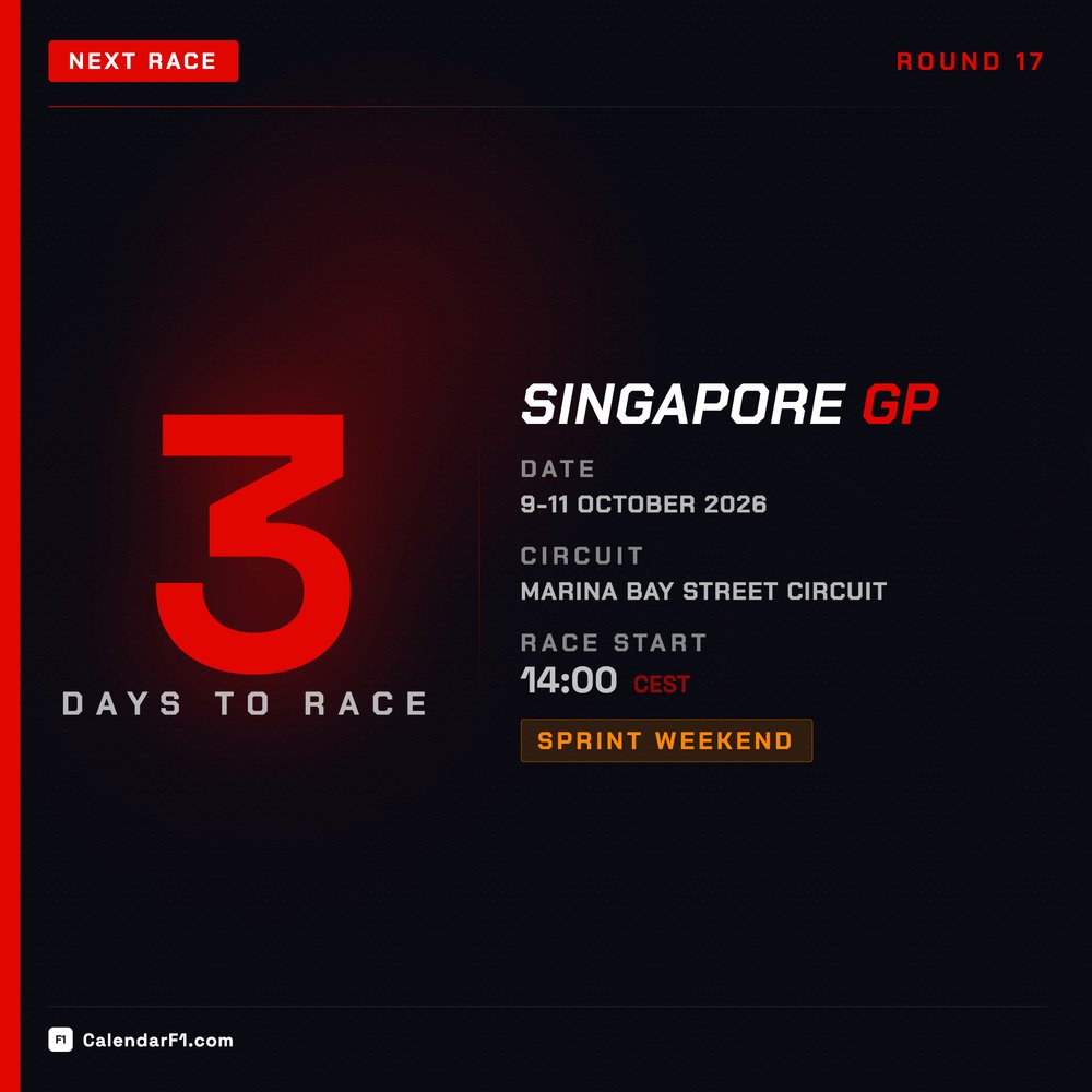 calendar_f1's tweet photo. Three days to Singapore! George Russell won here last year, and Marina Bay punishes every mistake: walls inches away and close to two hours in the tropical heat. This year there's a sprint on top. Who handles it best?

#F1 #SingaporeGP https://t.co/vtW7nbV8ql