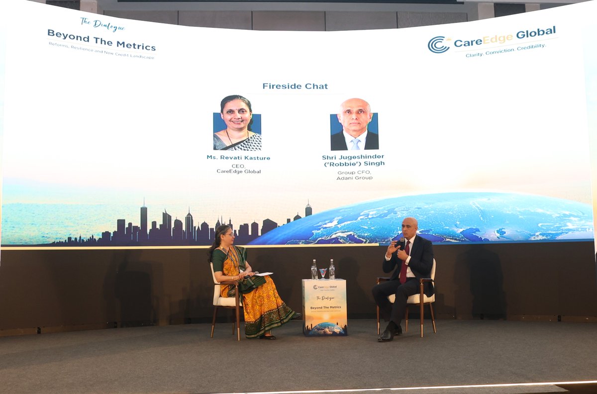 CareEdge_Group's tweet photo. In a #FiresideChat, themed India Inc.s Global Capital Journey in an Era of Reform and Resilience, Shri @jugeshinder (Robbie) Singh, Group CFO, @AdaniOnline, and CareEdge Global CEO Ms @RevatiKasture  explored India’s growth story, investment outlook, and emerging opportunities in a rapidly changing global economy. 

The chat highlighted how policy continuity, large-scale infrastructure investment and stronger execution capabilities have helped position India for sustained growth. While talent and innovation remain key areas of focus, India’s strong domestic capacity and investment momentum provide a solid foundation for long-term development. 

The discussion underscored the importance of transparency and regulatory discipline. and financial prudence in building resilient businesses. The conversation concluded with a vision of creating the capacity to invest at unprecedented scale, supporting India’s next phase of economic transformation. 

Watch the discussion here: https://t.co/m63zX4PeHf

#IndiaGrowth #Infrastructure #Innovation #AI #EconomicTransformation #Leadership #Investment #FutureOfBusiness #IndiaStory #GrowthAgenda