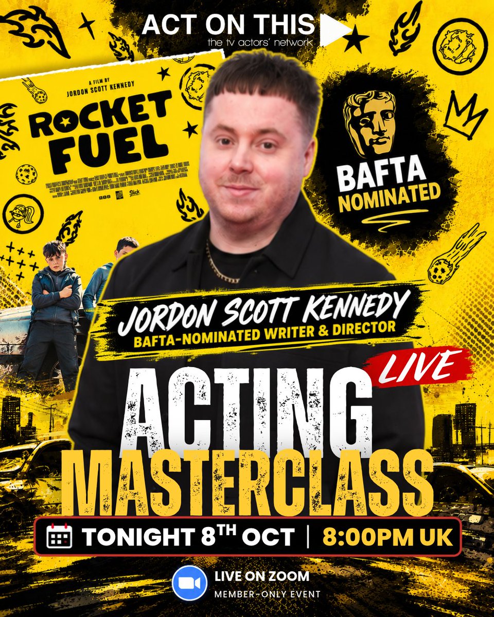 ActOnThisTV's tweet photo. 🔥 TONIGHT THURS 8TH OCT @ 8PM - LIVE Acting Mastermind With BAFTA-Nominated Director Jordon Scott Kennedy!

Grab your seat: https://t.co/0SJu91e8go

Jordon's latest film 'Rocket Fuel' racked up 30 MILLION views, bagged him a BAFTA-nomination and he now has 4 TV shows in development, with some of the biggest production companies in the UK. 🤯

He LOVES discovering NEW actors and giving them opportunities...

AND he’s actively encouraging Act On This members to send him their showreels after tonight’s call! 🔥

If you want to know:

🎬 How to get on Jordon’s radar.

📼 What he wants to see in your showreel & Spotlight.

🔥 What makes him take a chance on a NEW actor.

🎭 What’s happening with his FOUR TV projects.

📧 AND exactly how he wants YOU to approach him afterwards...

GET ON THIS CALL!

And becoming an Act On This member today won’t just get you access to Jordon...

Coming up this month we’ve also got EXCLUSIVE sessions with:

✅ James Bond casting director Jemima McWilliams

✅ Spotlight’s Senior Success Manager Mel Brown

✅ Hollyoaks Director David Crowley

PLUS tonnes more! 🔥

There’s still time to land some AWESOME acting roles this year.

Don’t just sit there hoping...

Come take control of your acting career!

Ross :)