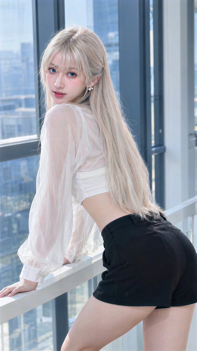 AndyLau42's tweet photo. Between takes on a high-floor set, she leans over the white railing by the glass wall, ash-blonde hair falling down her back, sheer white cropped blouse catching the daylight, black shorts against the cool gray window frames, city soft-blurred outside. Looking back over her shoulder like she just heard her name.