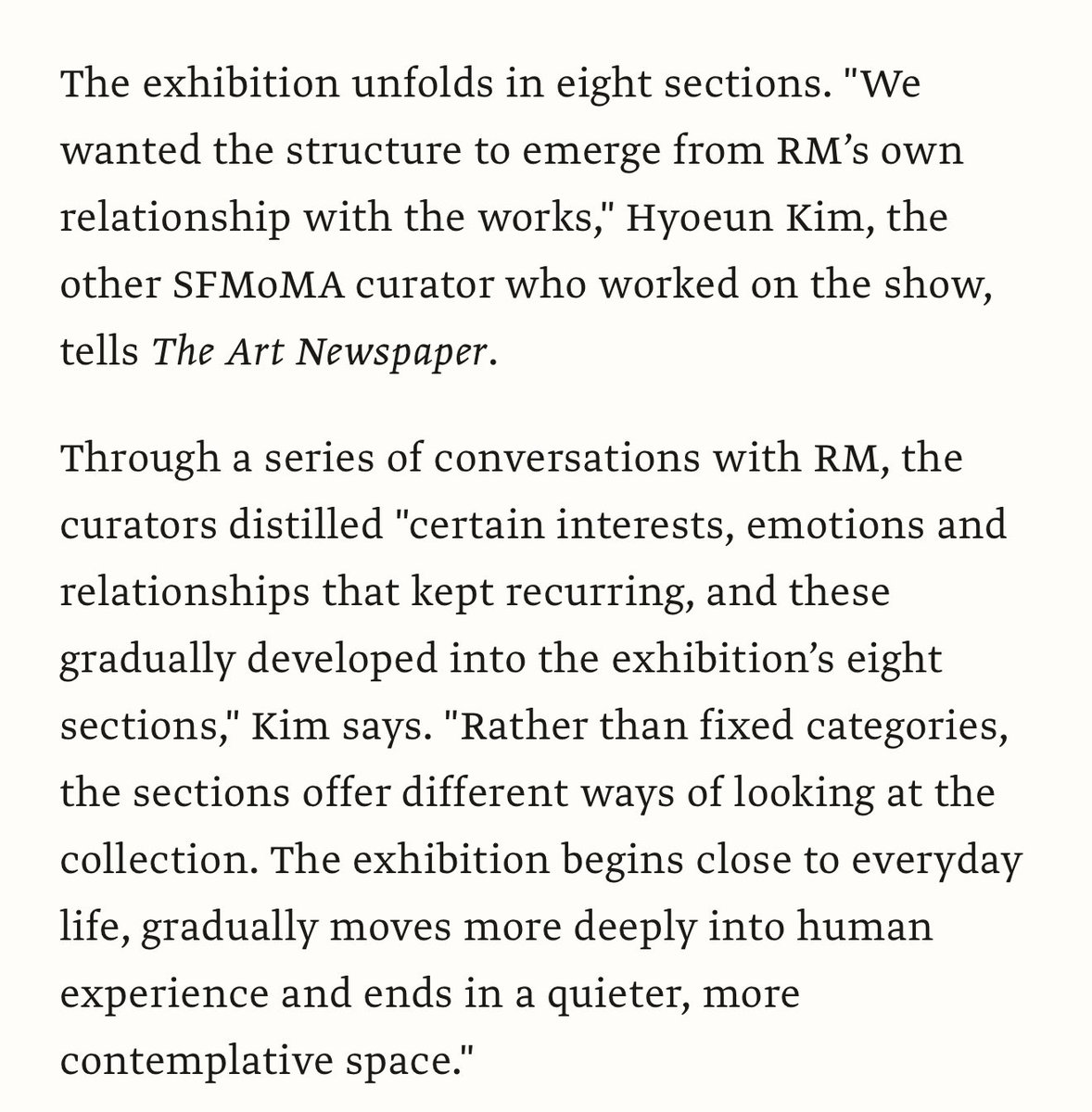 mapofjnggk's tweet photo. “the exhibition begins close to everyday life, gradually moves more deeply into human experience and ends in a quieter, more contemplative space.”

a well-written piece on #RMxSFMOMA! i loved this little glimpse into the thought behind the eight sections.

https://t.co/UI1FbVDwut https://t.co/6bClxmApHC