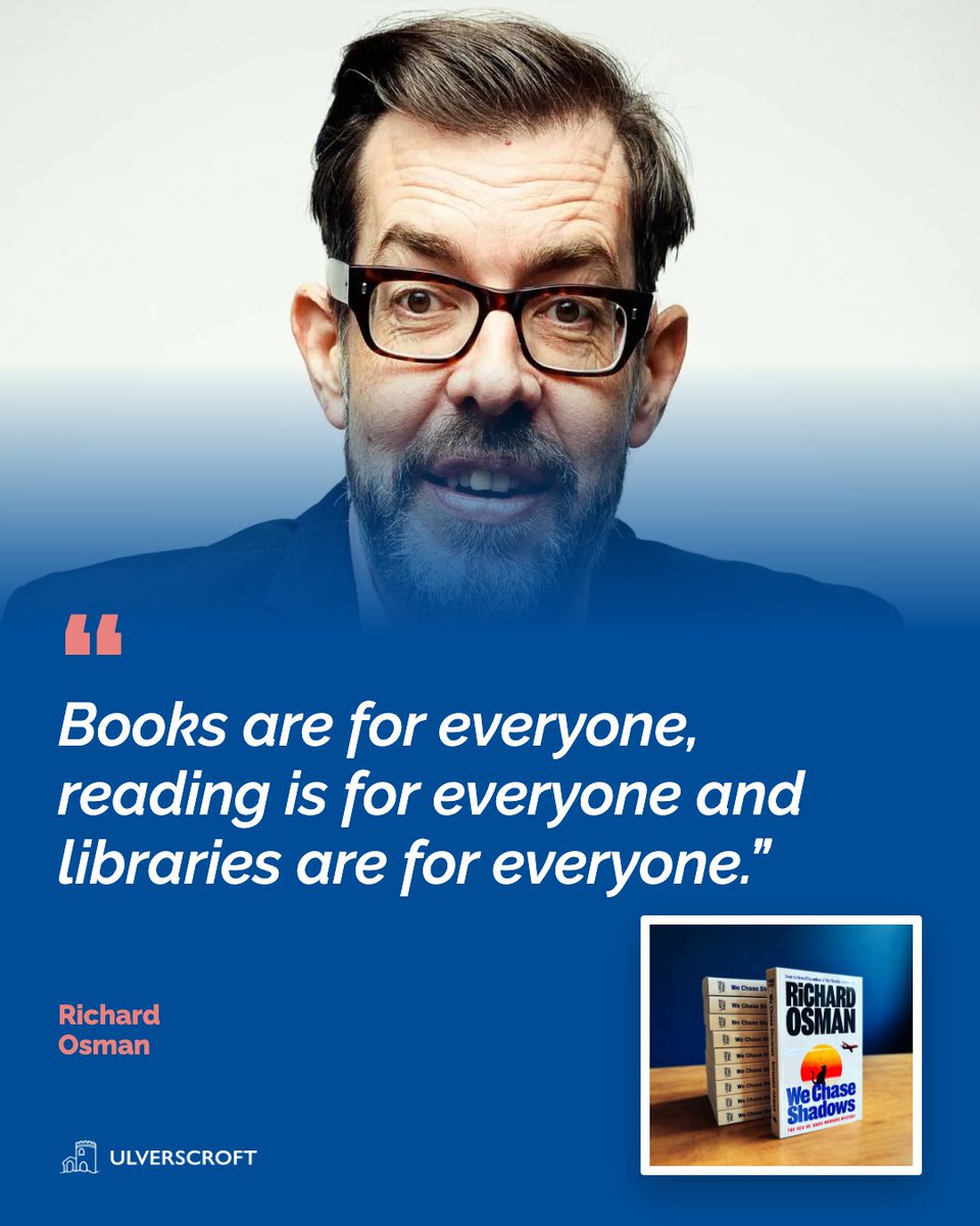 UlverscroftLtd's tweet photo. We couldn't agree more with Richard Osman

We Chase Shadows is available to order in large print, so even more readers can join Amy, Rosie and Steve on their first proper case 🕵️

#RichardOsman #WeChaseShadows #LargePrint #LoveLibraries https://t.co/SOiOpg5stv