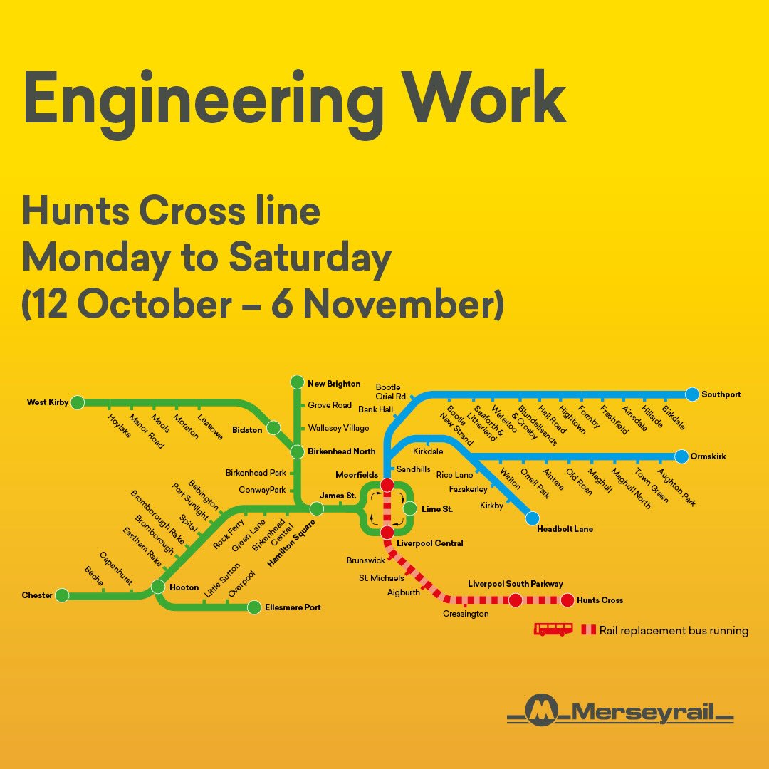 NetworkRailLIV's tweet photo. 🚇 See how your journey might be affected by our £3.5m railway upgrades on @merseyrail.

🚧 From Sunday, Northern and Wirral lines will partially close while we strengthen Victorian-built tunnels.

ℹ️ Disruption will last to 6 November, so check your travel at @nationalrailenq. https://t.co/U7BPIepvo0