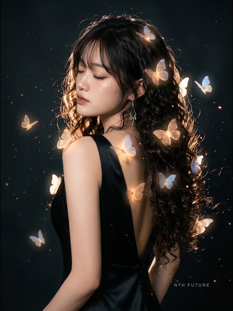 nthfuture_x's tweet photo. Ánh sáng viền điện ảnh chính là cây đũa thần biến một bức ảnh thông thường thành tác phẩm nghệ thuật mang tầm vóc tạp chí cao cấp. 💫

Prompt: a stunning young Vietnamese woman with elegant facial features, graceful three quarter view portrait pose, eyes gently closed with a serene expression. She wears a sleek minimalist black silk dress with a deep V back neckline, complemented by delicate silver drop earrings.

Glowing translucent ethereal butterflies flutter around her hair and shoulders against a deep dark background. Dramatic cinematic rim lighting highlighting her hair strands and silhouette, photorealistic details, hyperrealistic textures, premium magazine cover aesthetic, luxury fashion shoot style, 8k resolution, masterpiece.
